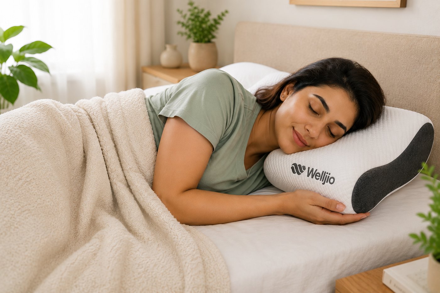 Woman sleeping peacefully on a Welljio cervical memory pillow